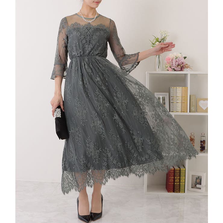 七分袖レースワンピースドレス ブラック ブルーグレー[品番