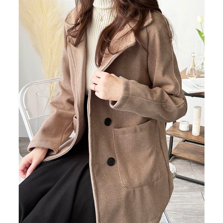 ミドル丈ヘリンボーン柄チェスターコート レディース 秋冬[品番