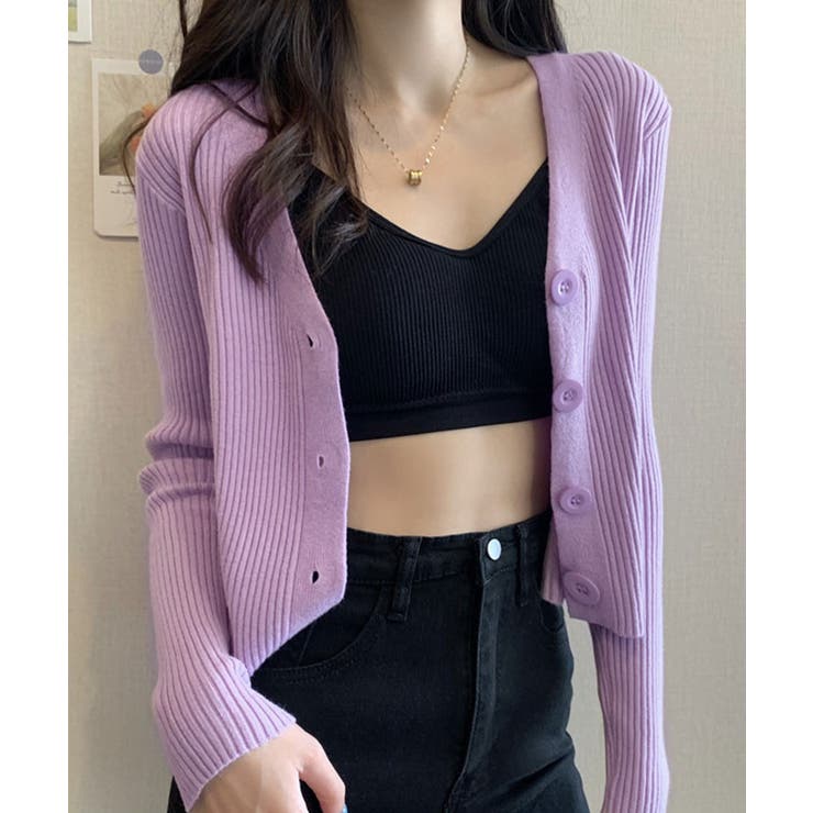 リブニットカーディガン トップス ニットカーディガン[品番