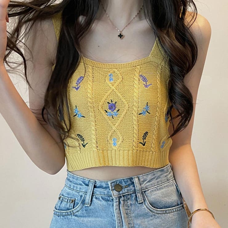 SHOPLIST限定】花柄刺繍ショートキャミソール トップス ショート