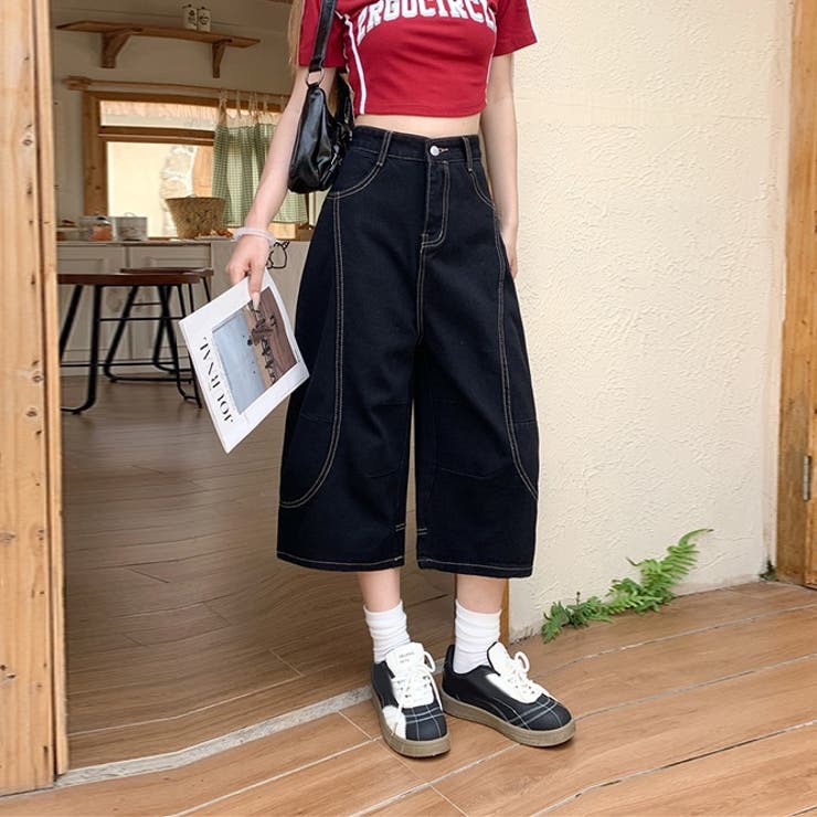 ミレニアル学園風 ゆるカワコーデ☆ストリート風デニム七分丈パンツ