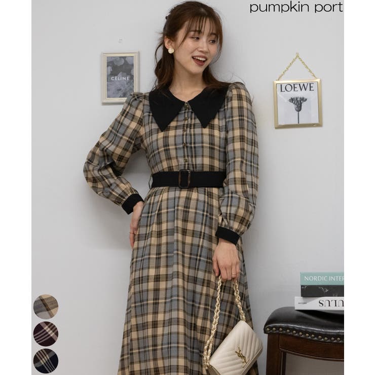チェック柄 クレリック ベルト付 ロングワンピース[品番：PPNW0004594