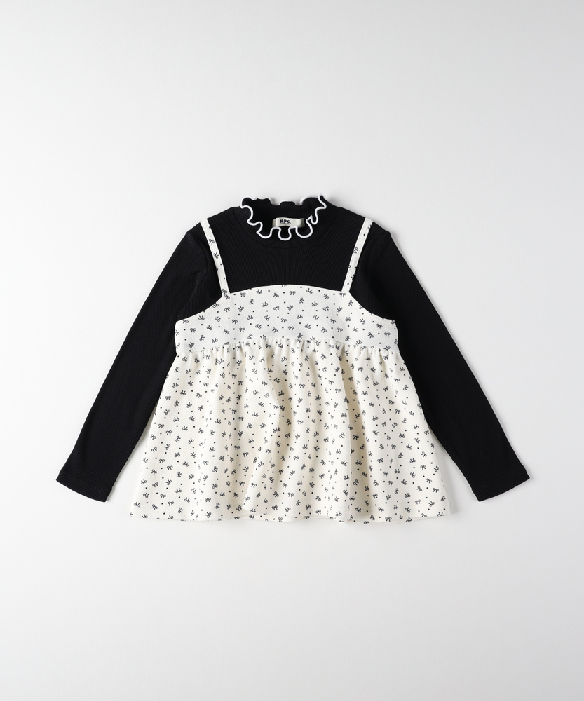 リボン総柄キャミソールレイヤード風プルオーバー(110 オフシロ