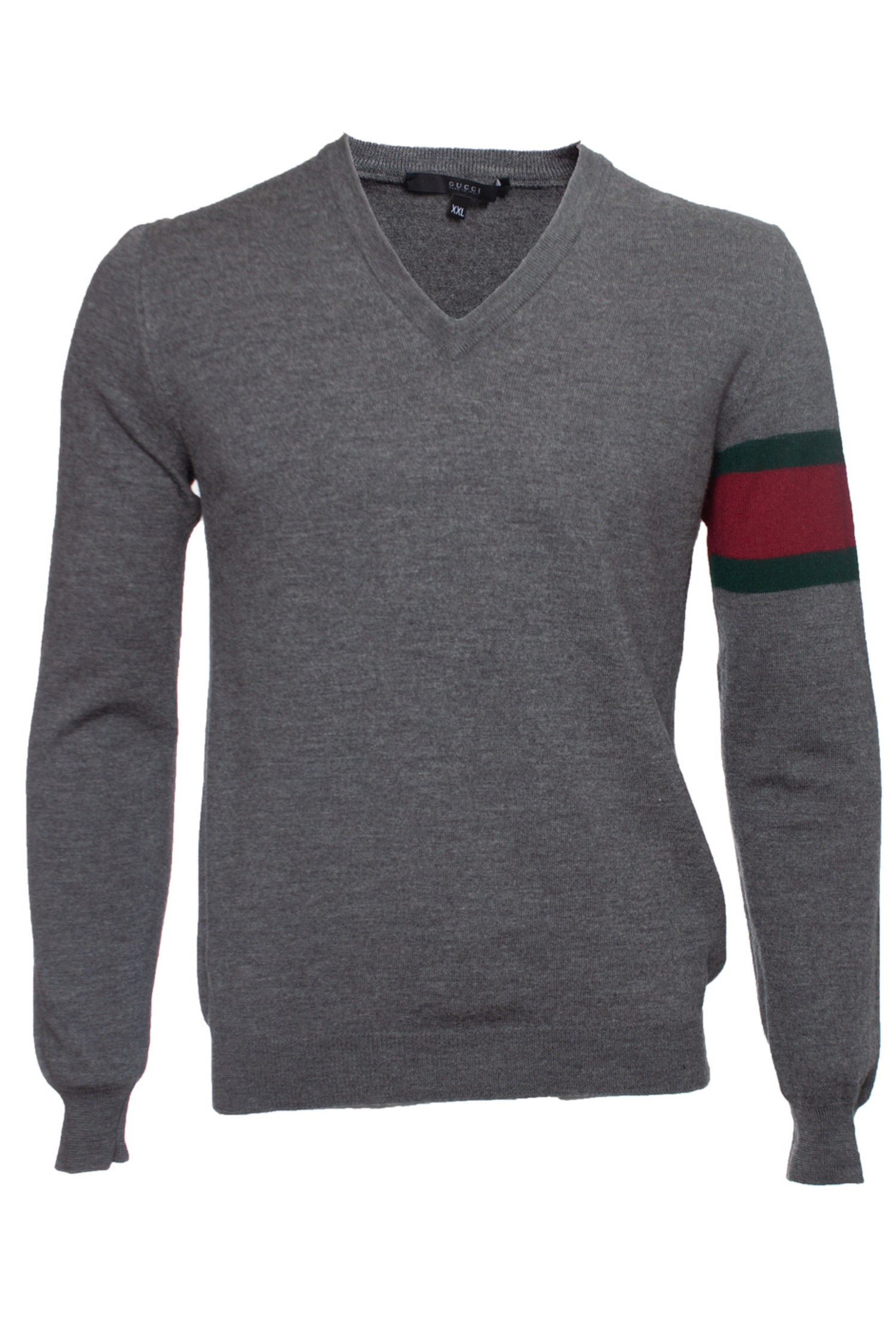 Gucci, Grey V neck sweater with web detail - Unique Designer Pieces