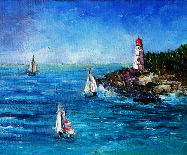 ロシア ヨット絵画油絵海景オリジナルアート油畫原作ビーチアート