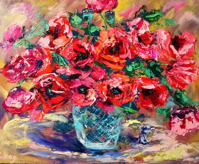 ロシア ポピー ガラス花瓶 キャンディ油絵 花の厚塗り オリジナル