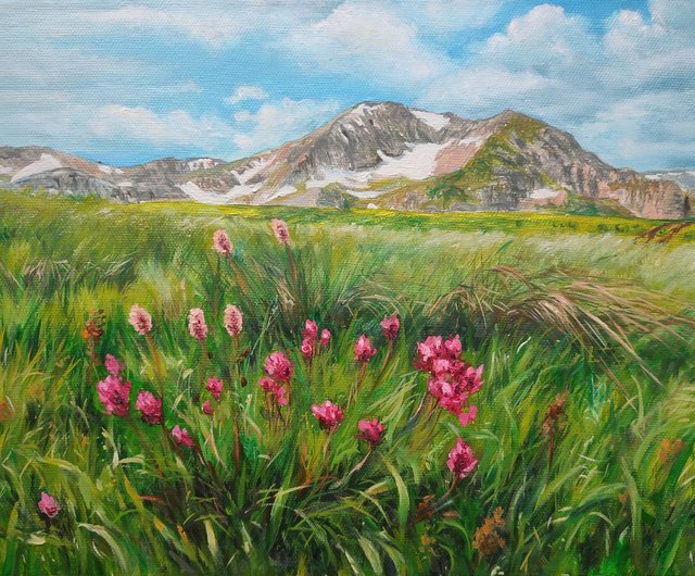 送料無料】ロシア 花卉植物 山の風景画、手描きのアート、花の絵