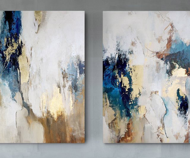 送料無料 30%OFF】ウクライナ 青と金の抽象画 | 抽象画2枚セット