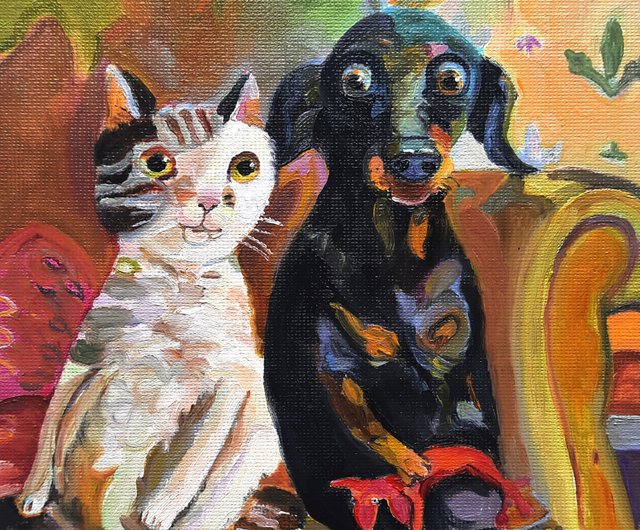送料無料】ロシア 猫と犬の絵画 オリジナルアート 段ボールに描かれた
