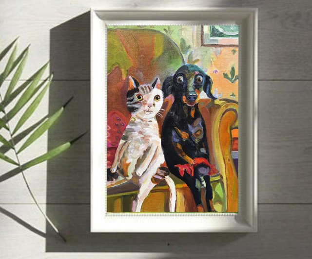 送料無料】ロシア 猫と犬の絵画 オリジナルアート 段ボールに描かれた