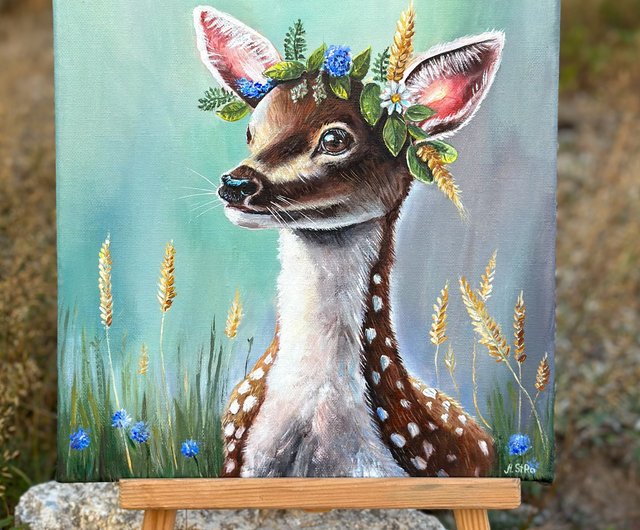 スロバキア 鹿のオリジナルキャンバス絵画、鹿の装飾、手作りギフト