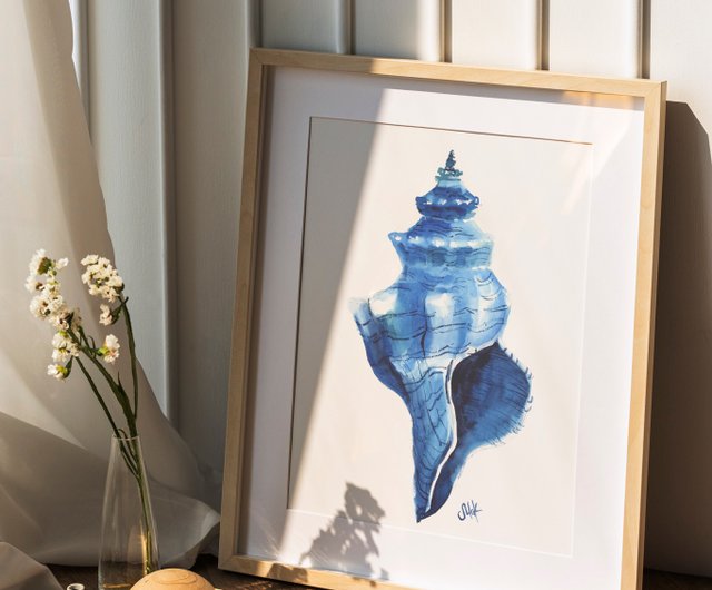 送料無料 10%OFF】ロシア 貝殻 水彩 紺 航海 原画 シェル ウォール