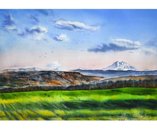 ロシア 元の水彩画マウント エルブルス絵画風景山風景アートワーク