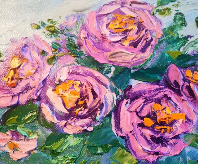 ロシア ザクロ ピンクのバラ ガラス花瓶 油絵 厚塗り オリジナル