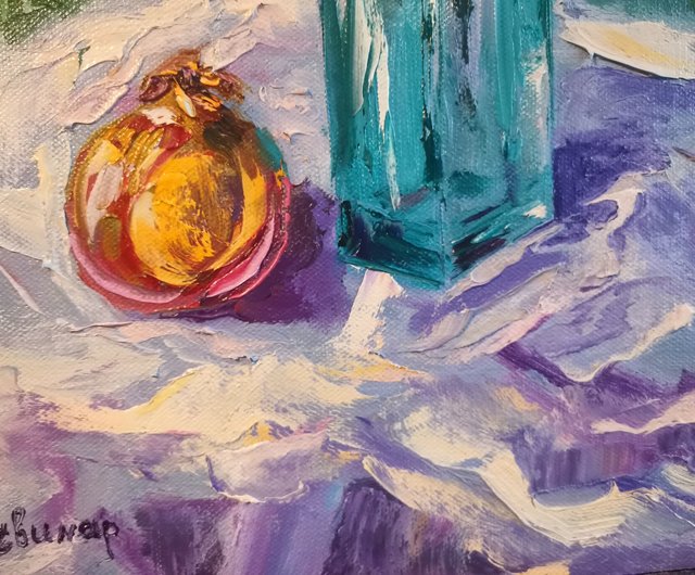 ロシア ザクロ ピンクのバラ ガラス花瓶 油絵 厚塗り オリジナル