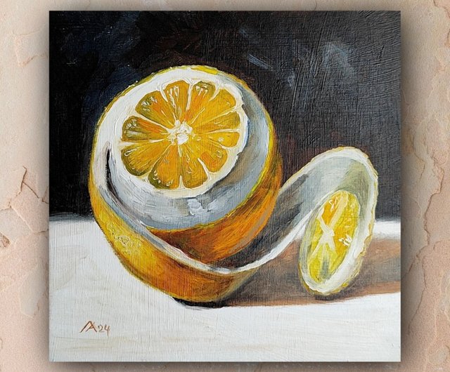 ロシア レモンの絵 オリジナル オイル アート 静物画 20 x 20 cm