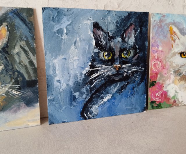 送料無料】ウクライナ 黒猫の絵画 オリジナルアート 油絵 ペットの