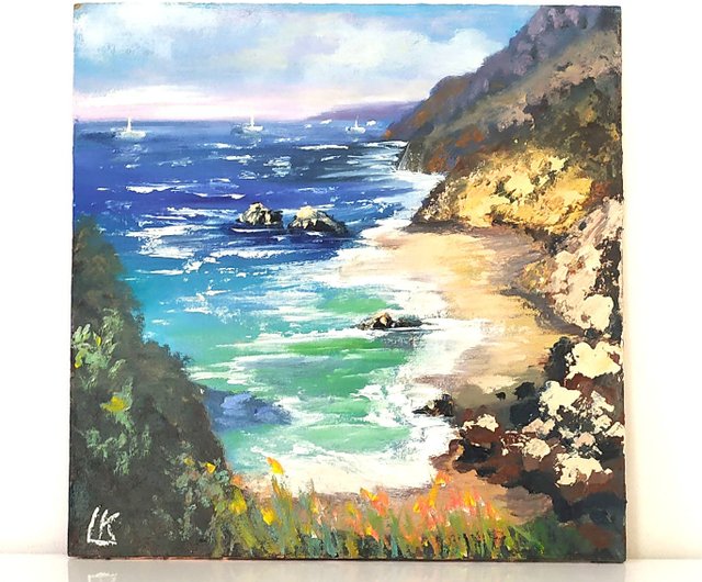 送料無料】ブルガリア パネルに描かれた海の油絵 ビーチの絵 岩の多い