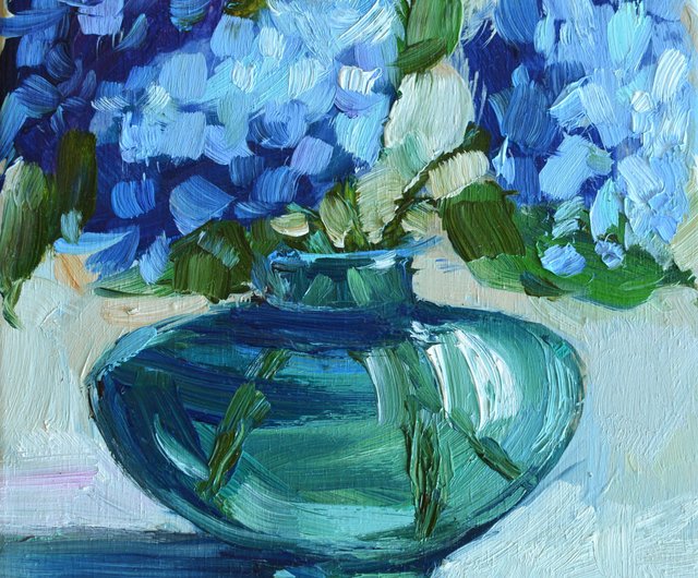 ベラルーシ 青い紫陽花 原画 油彩 13x13cm 花 静物 オルテンシア