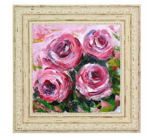 ラトビア 抽象的なピンクのバラの油絵 小さなサイズのキャンバスに張