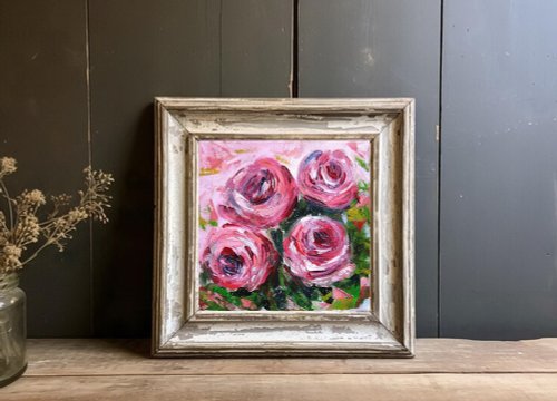 ラトビア 抽象的なピンクのバラの油絵 小さなサイズのキャンバスに張