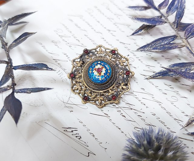 アメリカ合衆国 Emaux Bressans ブルーエナメル アンティークブローチ