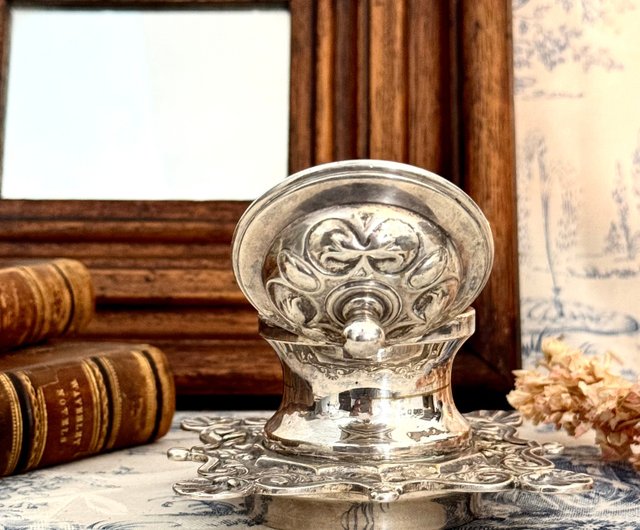 台湾 40037-美しきフランスアンティーク シルバープレート製インク壺