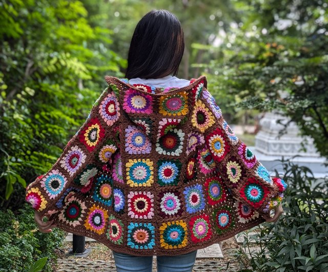 タイ 女性用 グラニースクエア クロシェ編みフード付きカーディガン