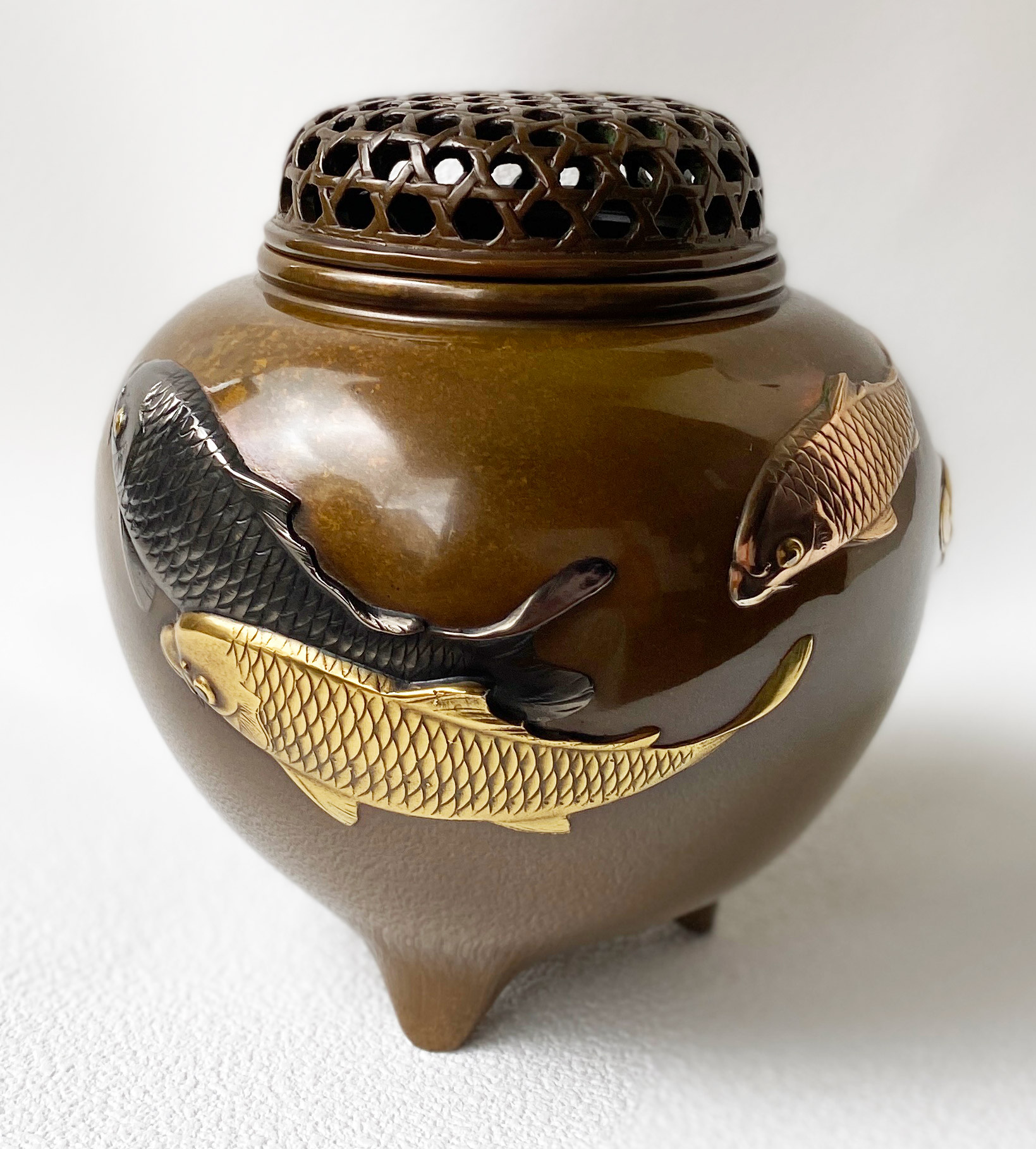 Koro Japanese Bronze Incense burner Takaoka Tamagata Koi Carp