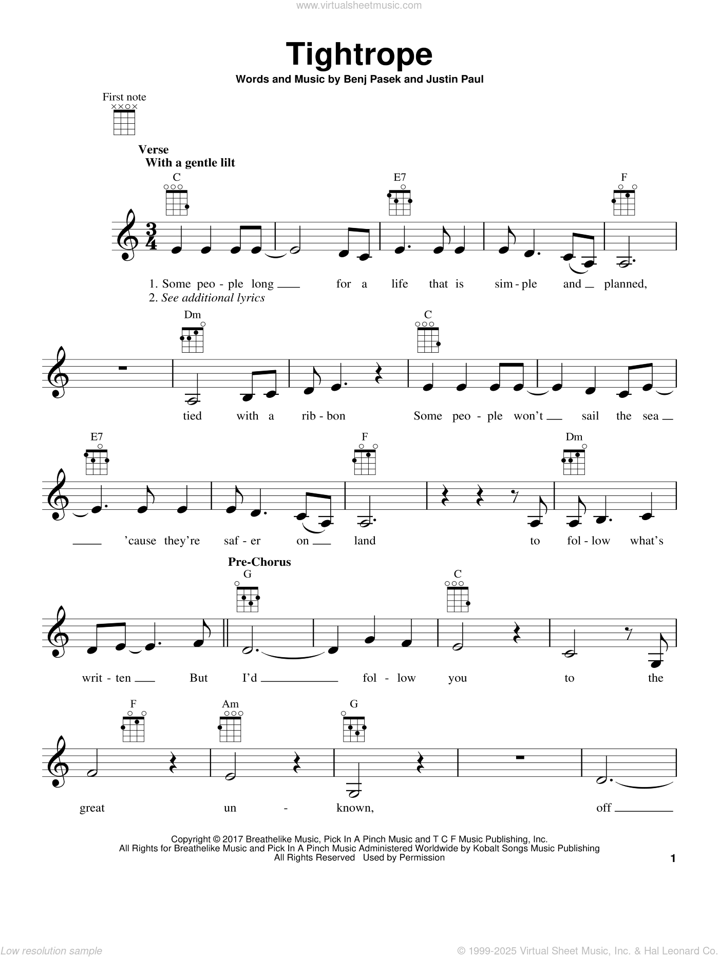 Tightrope (from The Greatest Showman) sheet music for ukulele