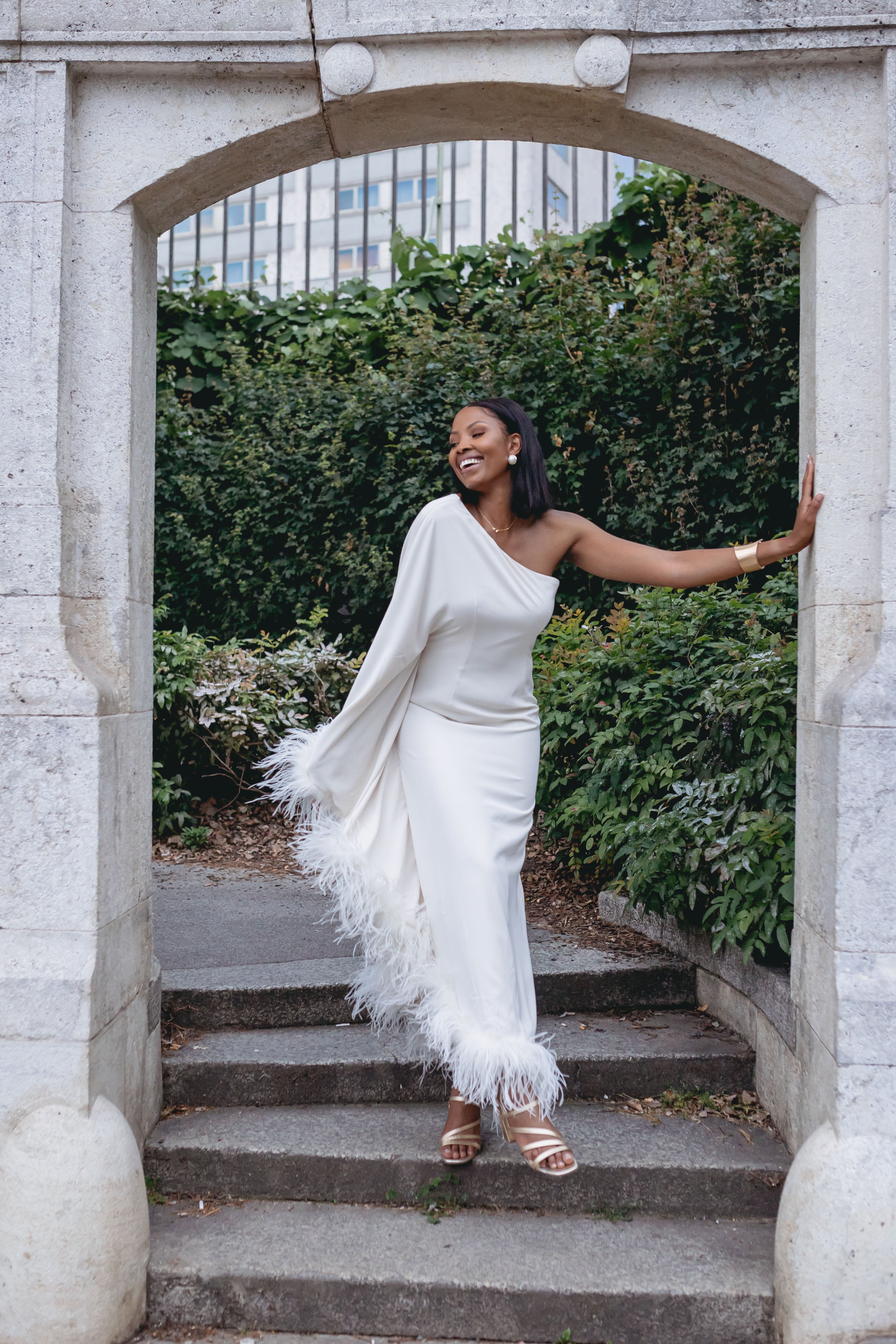 Angelina | One Shoulder Feather Trim Dress – Cielie