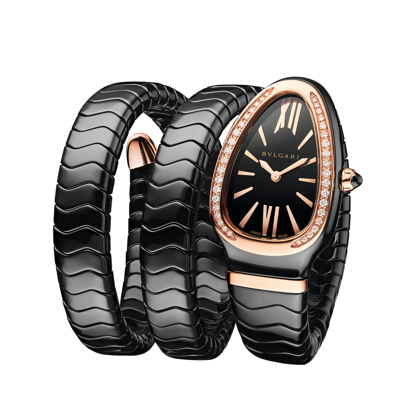 Bvlgari Black Ceramic and 18k Rose Gold Serpenti Spiga 35mm Black