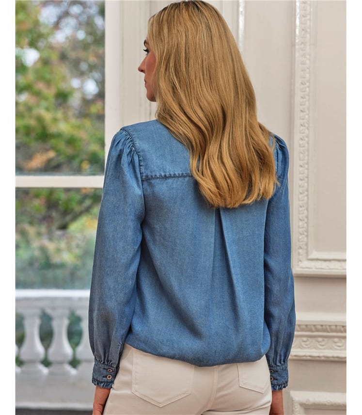 Denim | Denim Frill Stand Collar Shirt | WoolOvers US