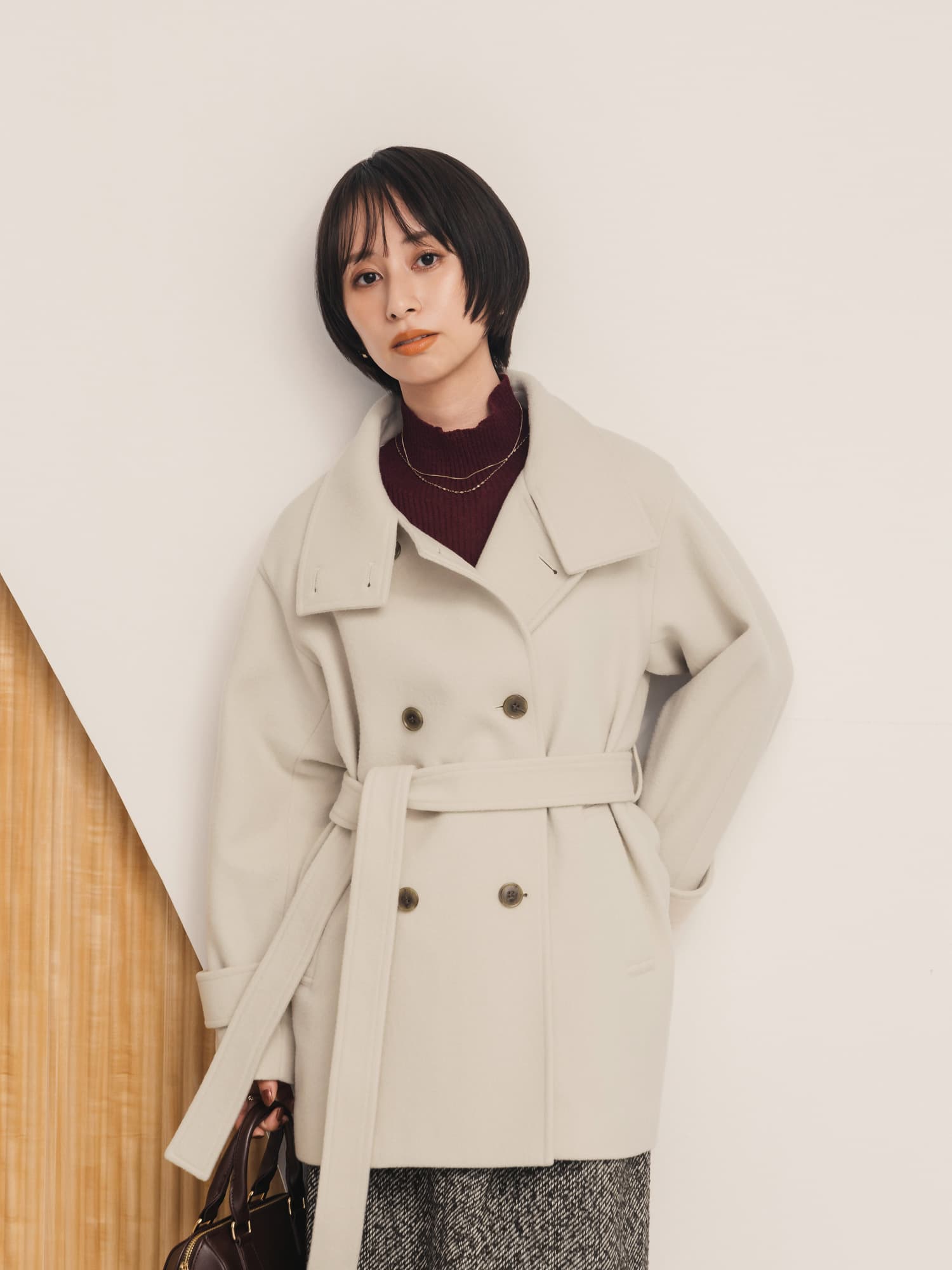 S120スタンドカラーミドル丈ウールコート | 小柄・低身長女性向け