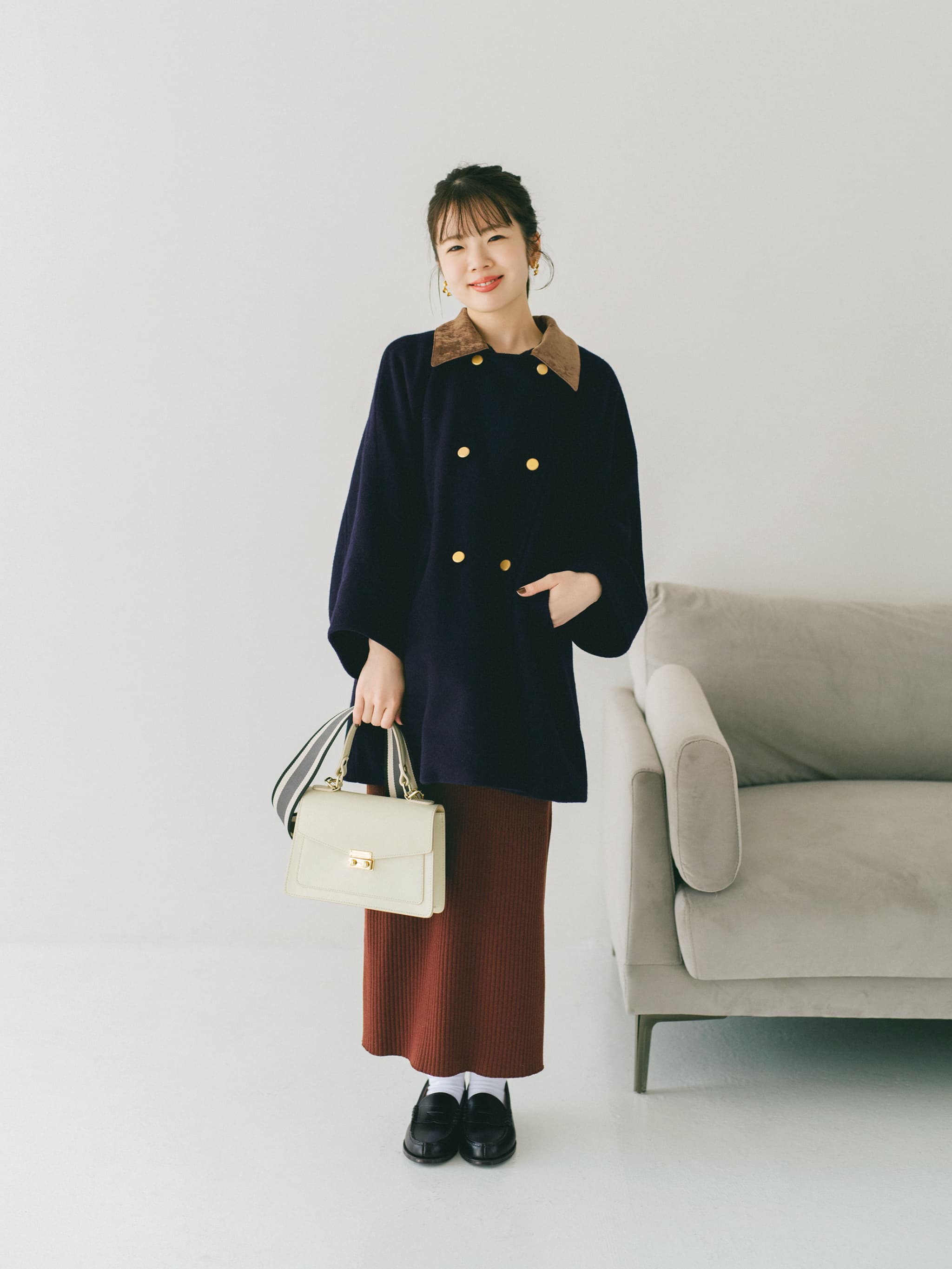 2wayカラーゴールドボタンミドルコート | 小柄・低身長女性向け