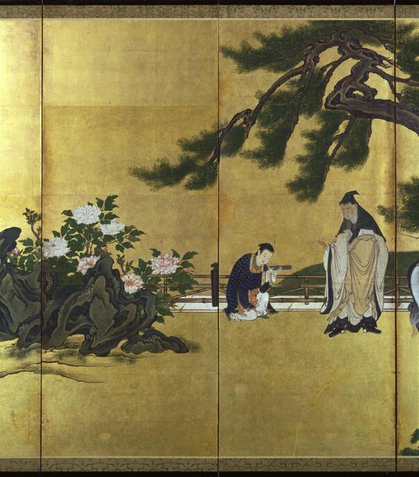 複製】明 唐寅『歩渓図』絹本掛軸 茶室掛 共箱 故宮博物院監製 山水図