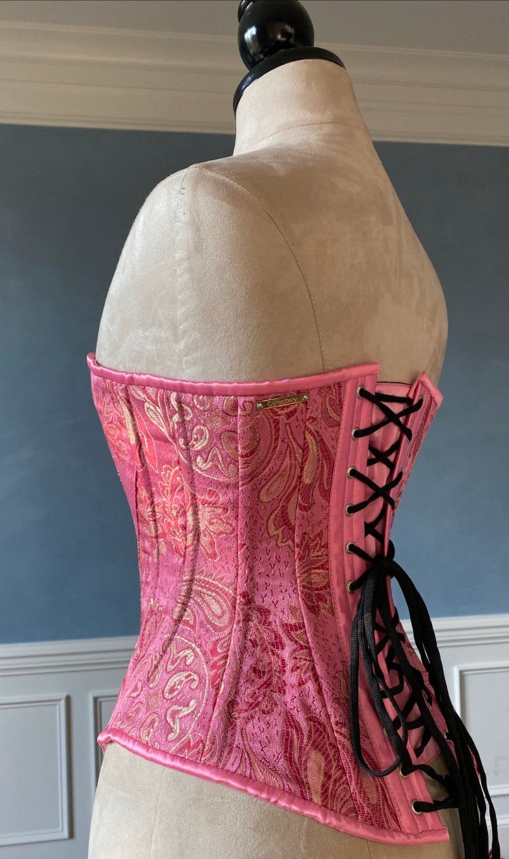 Historical pattern Edwardian overbust corset from pink brocade