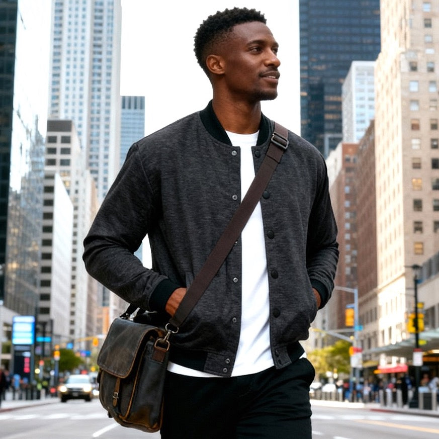 Men's lightweight bomber jacket with snaps, black – Claim Defame