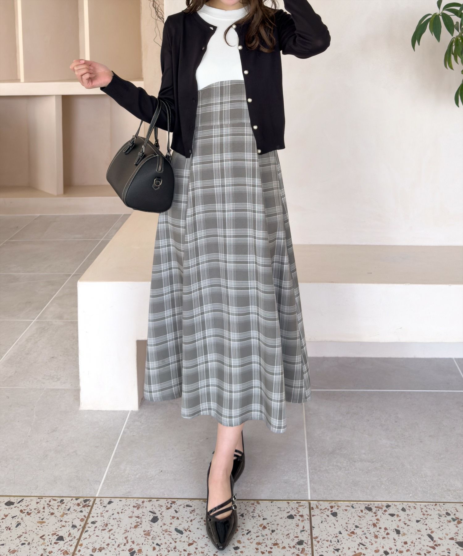 CLEAR BASIC チェック柄布帛ドッキングノースリーブワンピース[CL8948