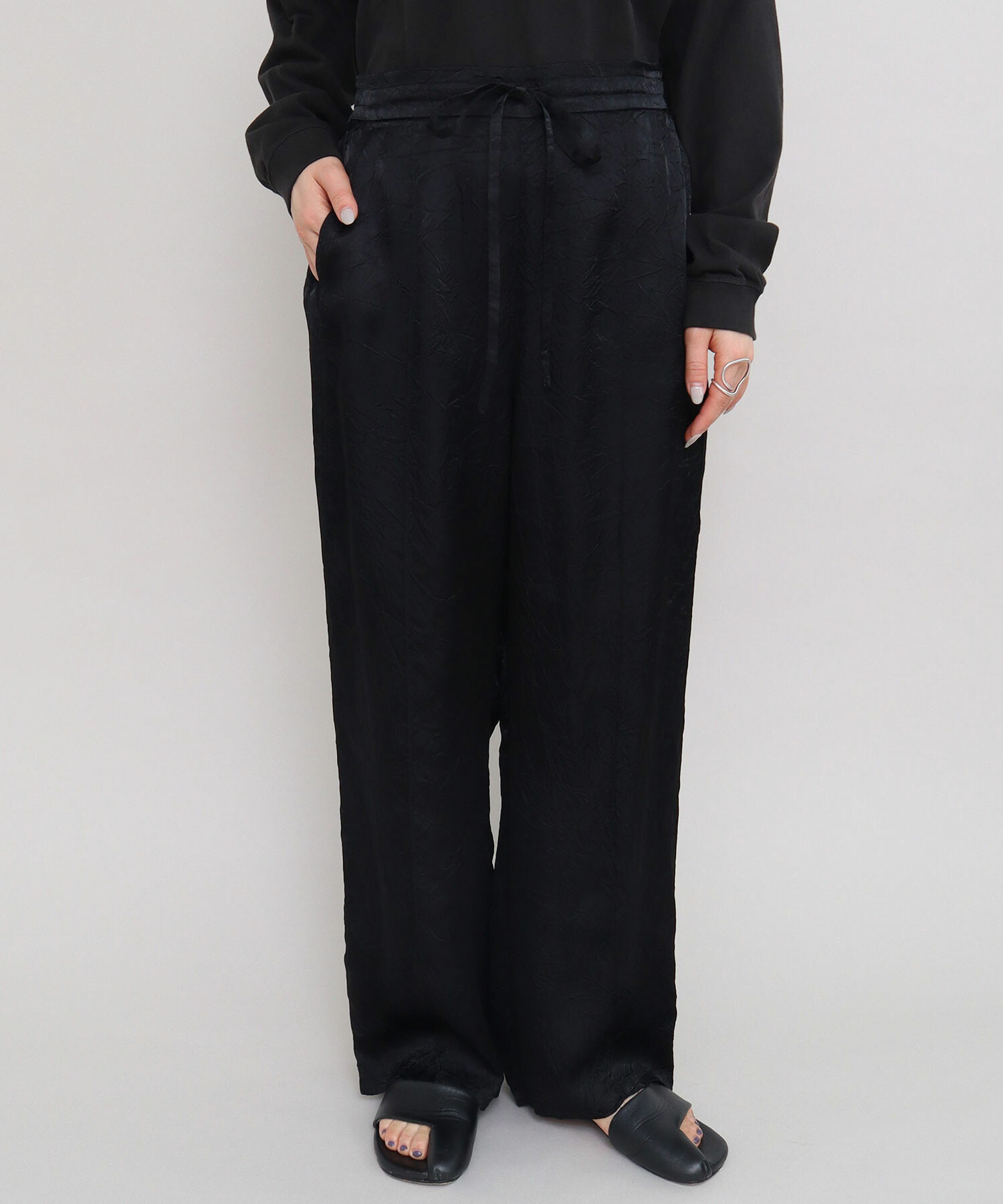 AMBIDEX Store キュプラシワサテン ワイドパンツ(F クロ): iki