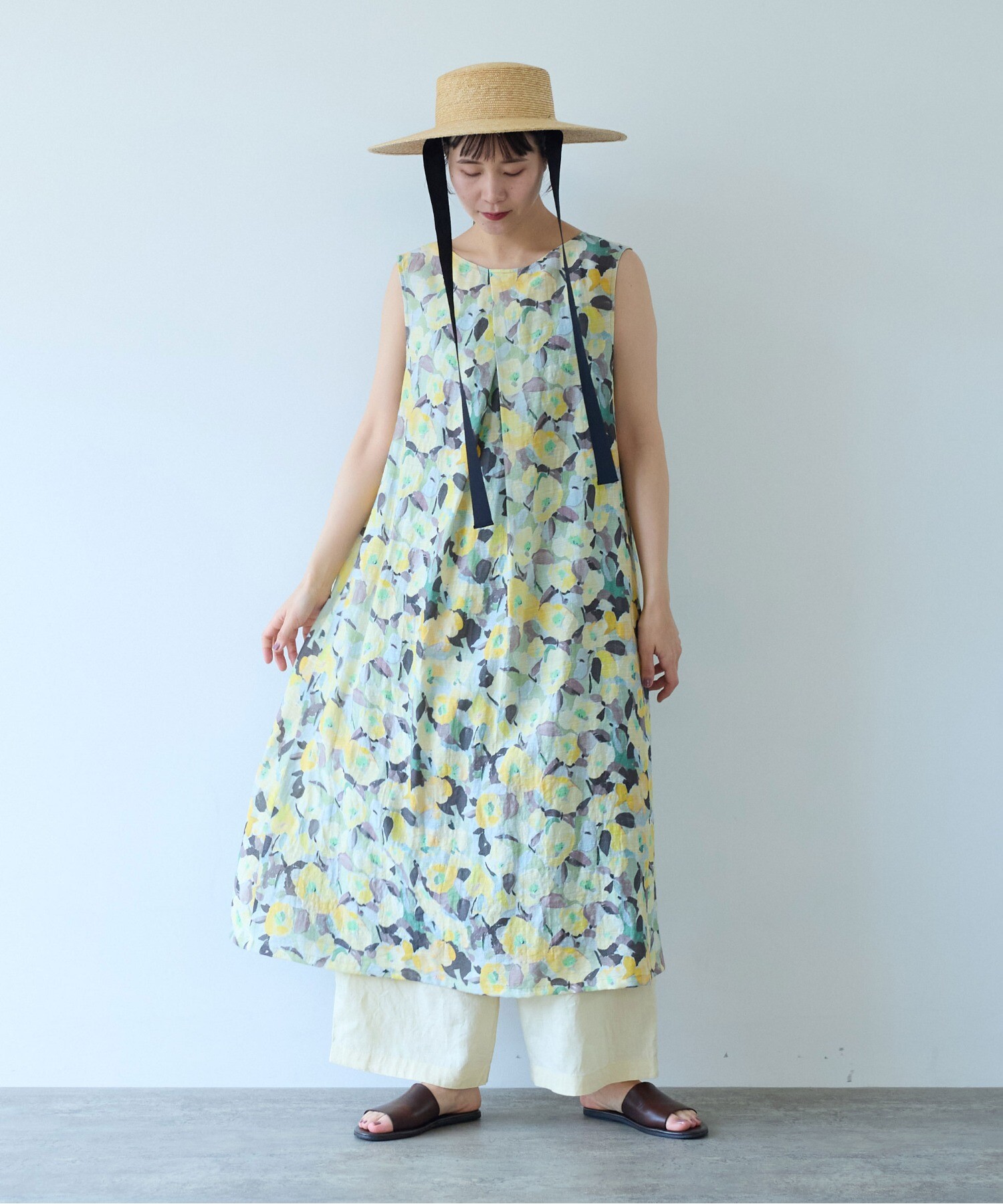 AMBIDEX Store ○水彩花プリント ノースリーブフレア ワンピース(F