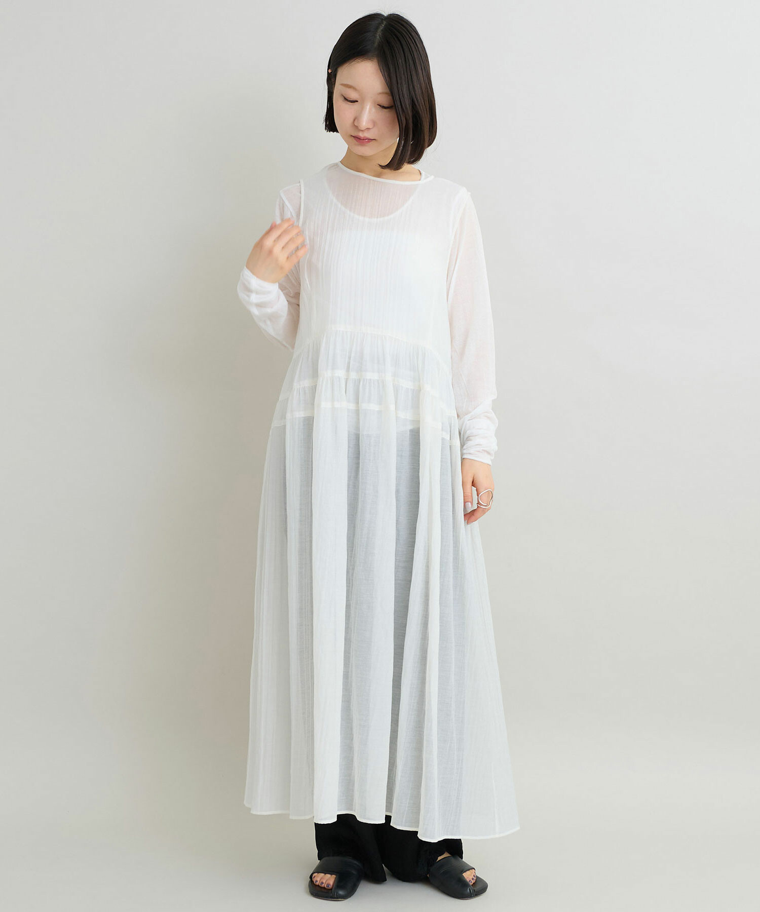 AMBIDEX Store 〇ナイロン綿ローン ティアードワンピース(F シロ): iki