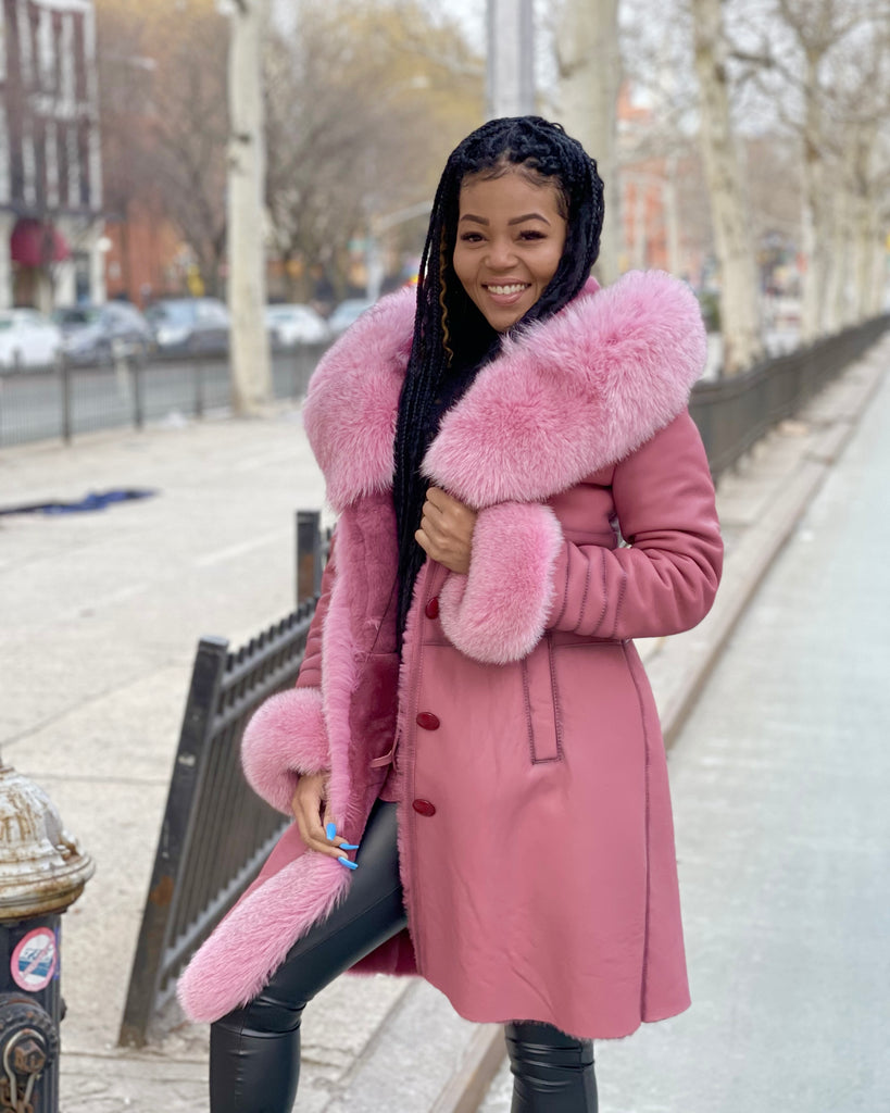 WOMEN SHEARLING- 3/4 LONG PINK SHEARLING WITH PINK FOX FUR AND
