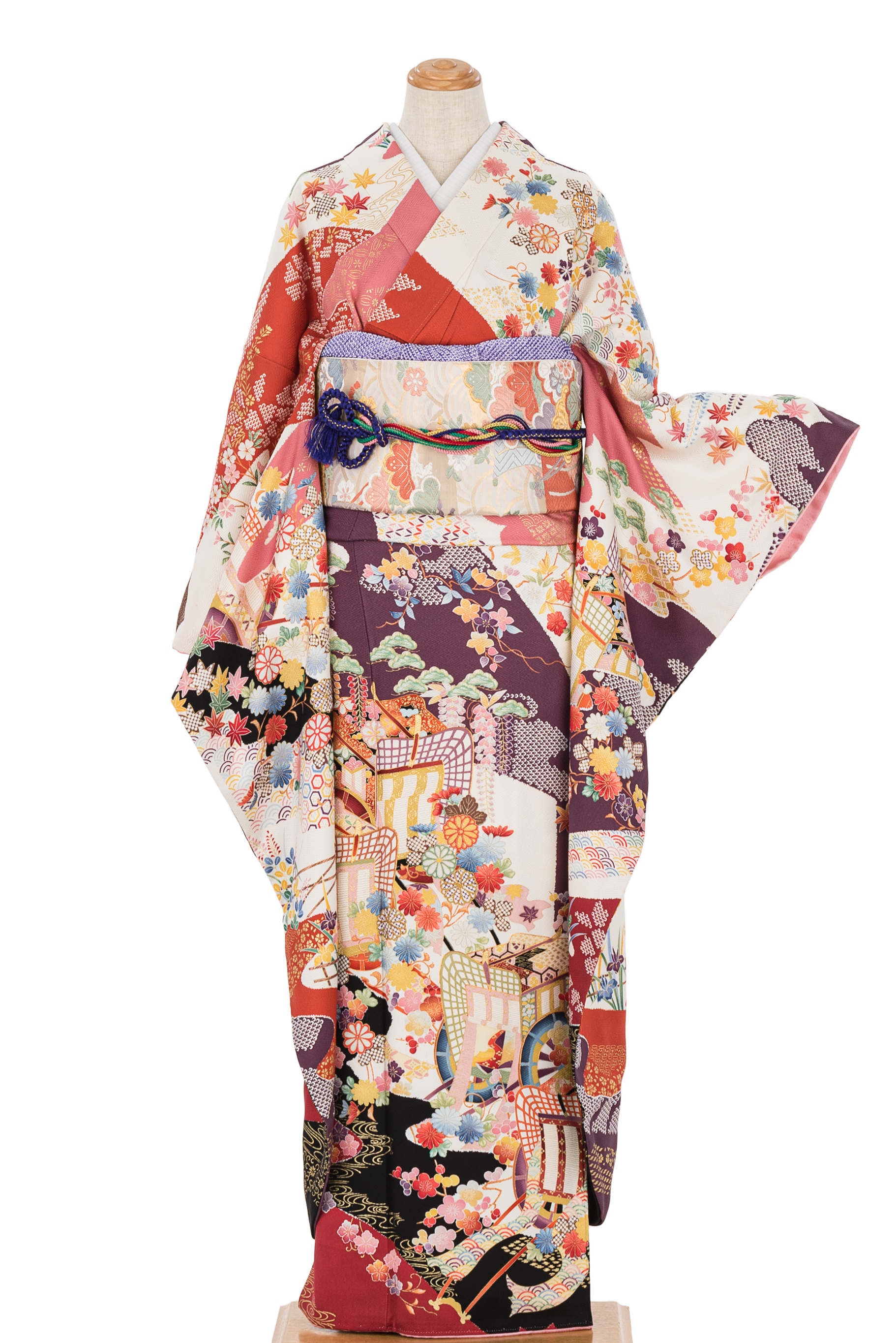 振袖 岩田専太郎 花と御所車 - からん::アンティーク着物・リサイクル
