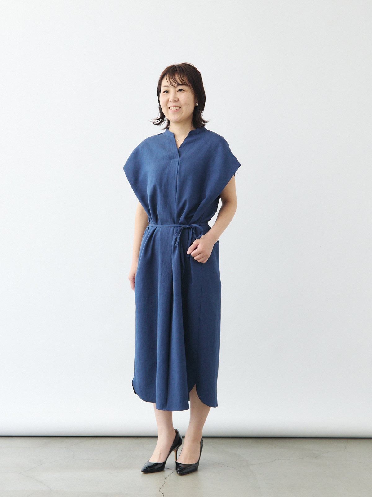 リネンライクワンピース/綿麻ブレンド/ウォッシャブル/ブルー