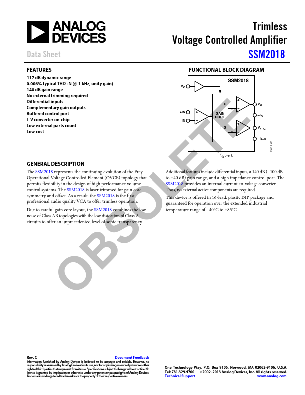 SSM2018 Datasheet (Trimless Voltage Controlled Amplifiers) | Analog