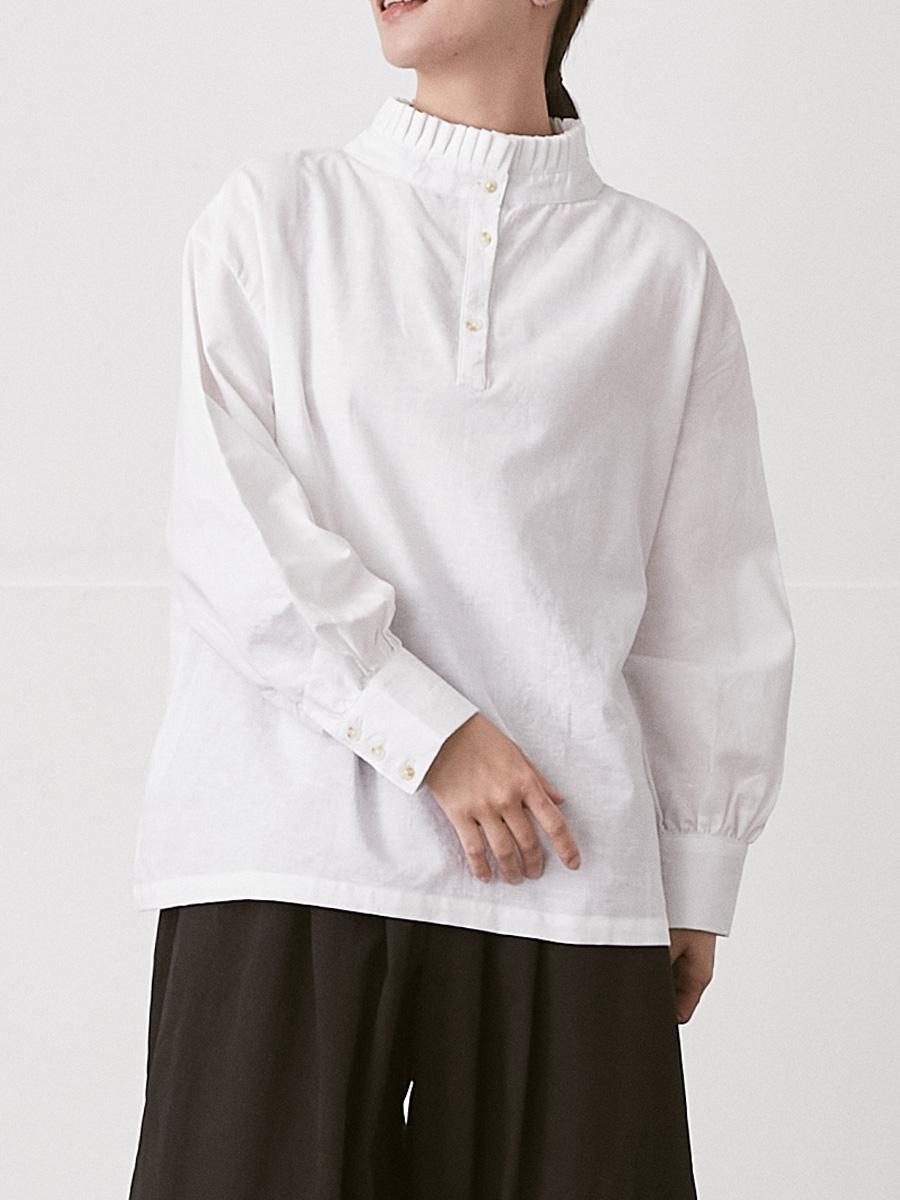 フリルスタンドカラーブラウス 綿麻オックス | シャツBLナガソデ