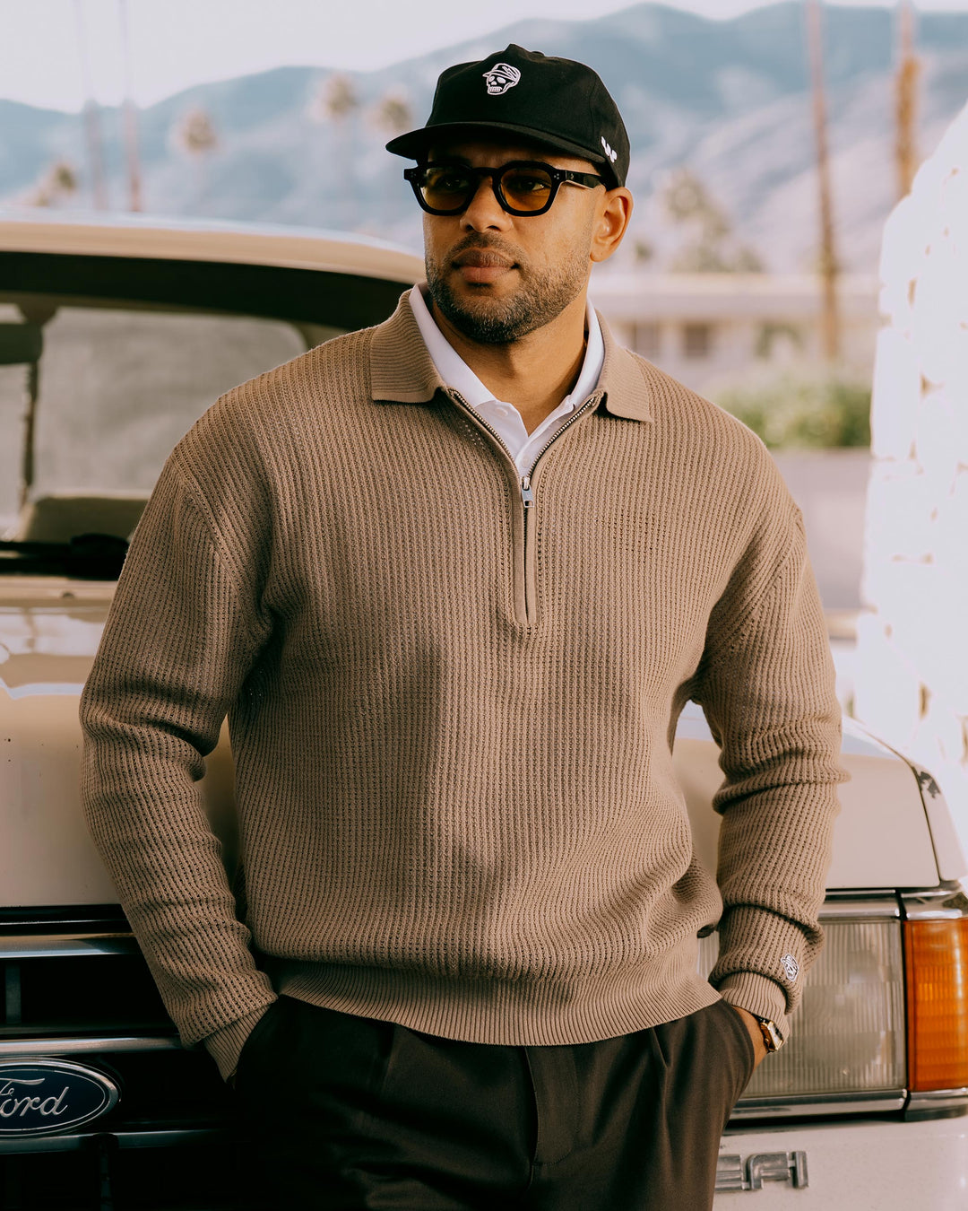 Loose Knit Quarter Zip Polo - Greige – Devereux