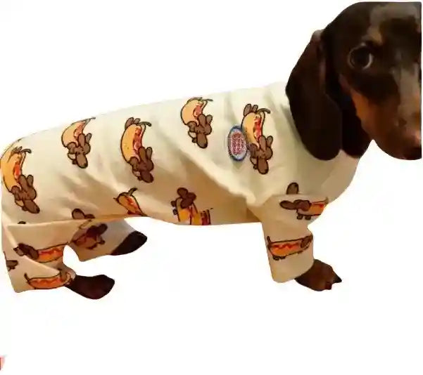 ダックスフンド用「ソーセージ」ホットドッグ柄つなぎ – Dog Moda