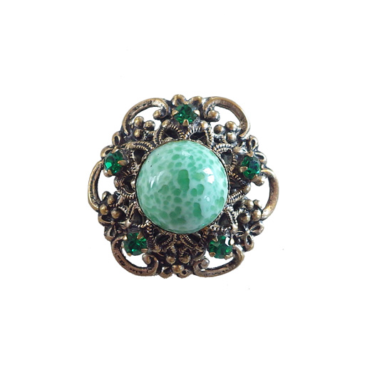 チェコガラスのヴィンテージブローチ | グリーンストーン装飾